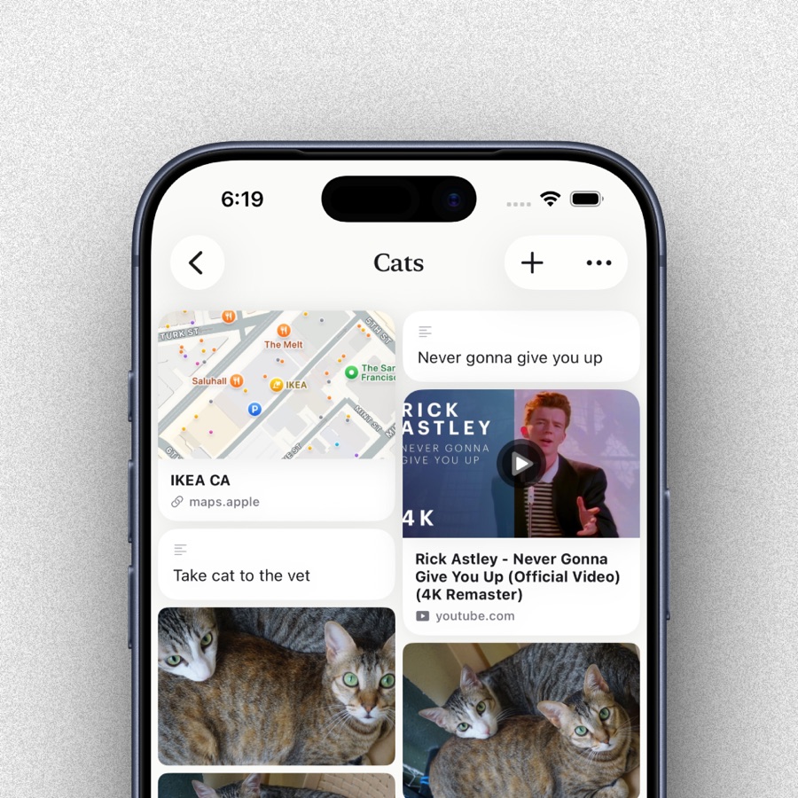The Spaces app on iPhone showing a space with photos above a note and a checklist